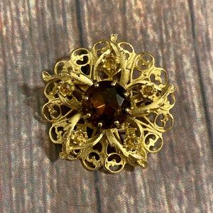 Vintage Gold Tone Brooch with Brown